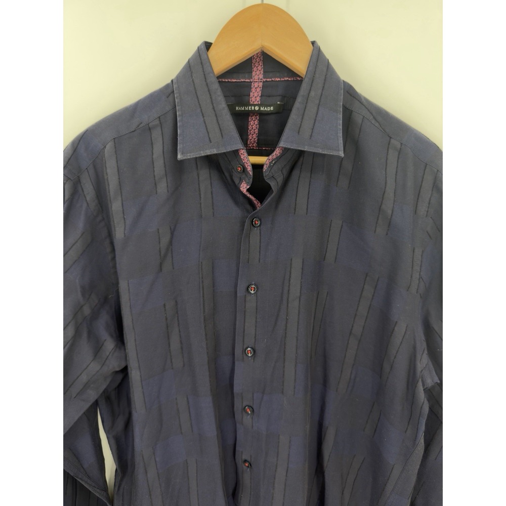 Hammer Made Navy Textured Button Up Dress Shirt Sz 42 16.5 Floral Accents